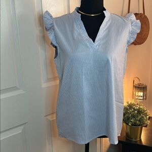 Blue and White Striped Ruffle Sleeve Blouse